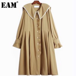[EAM] Women Black Big Size Pleated Lace Sashes Dress Sailor Neck Long Sleeve Loose Fit Fashion Spring Autumn 1DD8241 21512