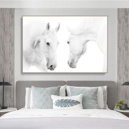 White Horses Head to Head Canvas Paintings On the Wall Art Posters And Prints Animals Family Nordic Art Pictures Home Wall Decor