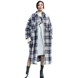 여자 양모 블렌드 2021 가을 겨울 여성 코트는 칼라 모직 캐시미어 격자 무늬 재킷 긴 플러스 사이즈 코트