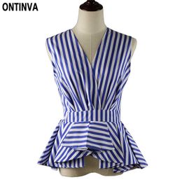 Blue Striped Peplum Tops Blouse Summer Sleeveless Womens Plus Size V-Neck Ruffles Office Lady Shirts Femininas Blusas Workwear 210527