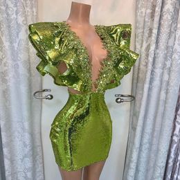 Green Sequined Prom Dresses Short Beaded Deep V-Neck Duabi Party Night Gowns Women Custom Made Designed Robe De Soiree 322