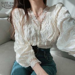 Blusas Spring Long Sleeve Button Up Shirt Sweet Women Blouse Korean Chic Lace Shirt Women Tops V-neck Clothes 13334 210527