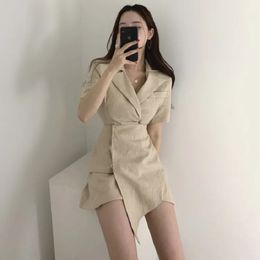 Chic Korean style Irregular Pathcwork Women's Dress Office Lady Short Sleeve Notched Collar Dresses Summer Solid Colour Robe 210521