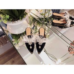 Spring summer Sandals Baotou pedal rhinestone feather slippers Muller shoes fashion all-match lazy half drag women