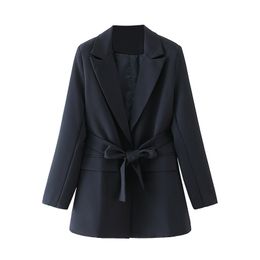 Causal Women Solid Notched Collar Blazers Fashion Ladies Sashes Slim Coats Elegant Female Chic Pocket Long Jackets 210430