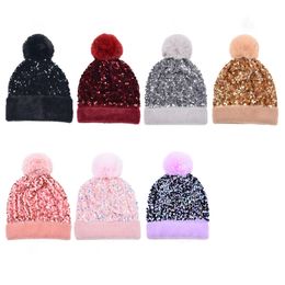 Woman Street Sequin knitted Beanie hat Ladies fur ball fashion thick winter hats Woollen cap Thickened warm detachable