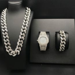 2021 2cm Hip Hop bracelet Gold Color Iced Out Crystal Miami Cuban Chain Gold Silver Men Watch & Necklace & Bracelet Set