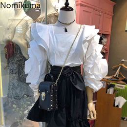 Nomikuma Womens Tops and Blouses Korean Layered-ruffle Patchwork Puff Sleeve Square Collar Shirt Spring Chic Blusas 6E932 210427