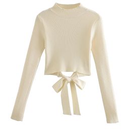Solid Turtleneck Backless Sexy Sweater Bandage Bow Knitted Pullover Long Sleeve Cute Casual Knitwears Spring-Autumn Top 210521