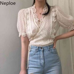 Neploe Women Blouses V Neck Lace Crochet Patchwork Korean Shirts Temperament Bandage Slim Waist Puff Sleeve Polka Dot Tops 210422