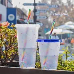 24oz/16oz High Quality Mugs Confetti Cup With Rainbow Straw Dot Color Changing Cups PP Cold Water By Sea JJA12128