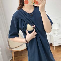 95 Cotton Long Dress For Breastfeeding Wear Dark Blue With Short Sleeve Summer Pregnant Maternity Clothes Dropshipping 5050B Q0713