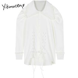 Yitimuceng Bow Lace Up Blouse Women Shirts Solid Spring Fashion French Long Sleeve Peter Pan Collar Puff Sleeve Tops 210601