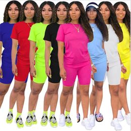 Summer Women Solid Colour Tracksuits 2 Piece Sets Outfits Fashion Trend Casual Sexy Short Sleeve Tops Shorts Suits Female Sportswear Plus Size