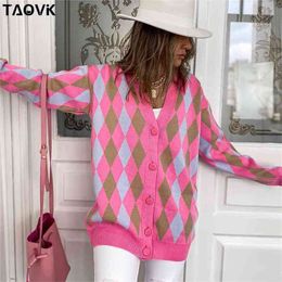 Women's Clothing Knitted Sweaters Diamond Plaid Single-breasted Buttons Loose Casual Cardigan Sweater 210914