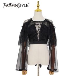 White Patchwork Lace Shirt For Women O Neck Long Sleeve See Through Short Blouse Female Fashion Clothing 210524