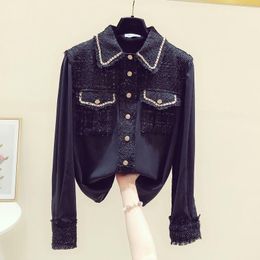 329 Women's Blouses Shirts 2021 Runway Designer Autumn Shirt Top Fashion Women Tweed Patchwork Chiffon Gold Single Breast