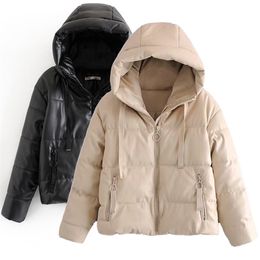 BlingBlingee Za Winter Woman Parkas Traf Drop Shoulder Warm Faux PU Leather Hooded Zipper Padded Jacket Casual Loose Coats 211018