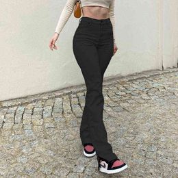 High Waist Split Denim Mom Jeans Women Bootcut Long Pants y2k Skinny Fashionable Solid Trousers Plus Size Summer Black Bleached 211129