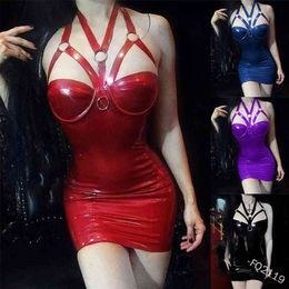 S-5XL Sexy Gothic Corset Choker Dress Leather Skinny Bodycon Mini Halter Neck Short Dress Women Punk Club For Girls Plus Size 210323