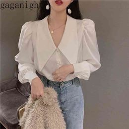 Gaganight Korean Work Style Office Lady White Blouse Doll Collar Puff Long Sleeve Slim Blusas Spring New Shirt X3025 210323