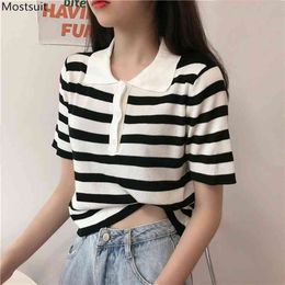 Summer Elegant Knitted Striped T-shirt Women Turn Down Collar Buttons Short Sleeve Tops Korean Fashion Tshirt Femme Outwear 210513