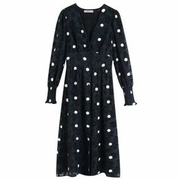 Women elegant polka dot embroidery tassel texture casual slim midi Dress ladies v neck long sleeve vestidos chic Dresses DS3052 210603