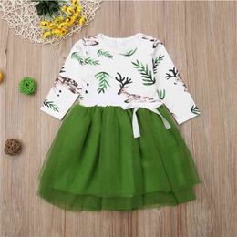 Baby / Toddler Deer Print Green Mesh Long-sleeve Dress 210528