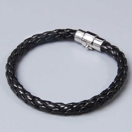 Men's Handmade Black Leather Rope Woven Bracelet Bangle Black Metal Magnetic Connexion Buckle Simple Jewellery Bracelet Gifts Q0719