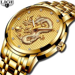 LIGE Mens Watches Top Brand Luxury Quartz Clcok Men Casual Waterproof Gold Dragon Full Steel Sport Wrist Watch Relogio Masculino 210527