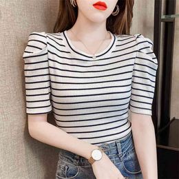 Women T-shirts Puff sleeve Tops Tee Summer Female stripe Short Sleeve T shirt For Clothing woman tshirts 210507
