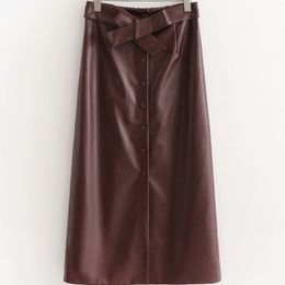Vinatge Woman Burgundy Leather Thick Stretchy Skirts Autumn Winter Fashion Ladies Pu Straight Skirt Female Button 210515