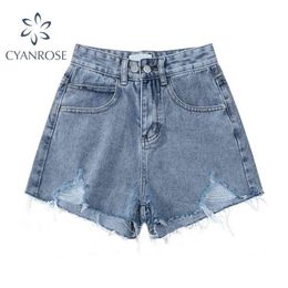 Wide Leg Blue Shorts Ripped Jean Pants Women Summer Retro High Waist Denim Streetwear Y2K Ulzzang Clothes 210515