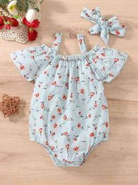 Baby Girl Floral Cold Shoulder Ruffle Bodysuit With Headband SHE