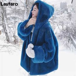 Lautaro Winter Oversized Warm Blue Soft Faux Fur Coat Women with Hood Long Sleeve Zipper Fluffy Jacket Loose Korean Fashion 211218