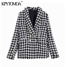 KPYTOMOA Women Fashion Double Breasted Houndstooth Tweed Blazers Coat Vintage Long Sleeve Frayed Trim Female Outerwear Chic Tops 210930