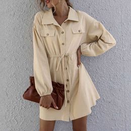 Winter Vintage casual 100% cotton dress women Autumn Fashion Simple Double Pocket Buckle Waistband Shirt Dress Women dress 210514