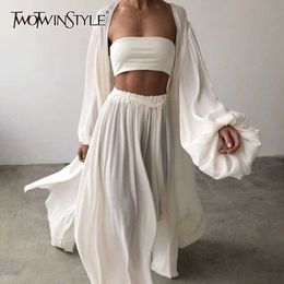 TWOTWINSTYLE White Sexy Three Piece Set For Women Slim Vest Lantern Sleeve Coat Wide Leg Pants Loose Sets Female Fashion 210727