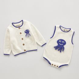 Spring Autumn Infant Baby Girls Knit Long Sleeve Octopus Coat + Braces Rompers Clothing Sets Kids Girl Suit Clothes 210429