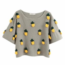 Pineapple Pattern Short Sleeve Women Knitting Sweater 2021 Fashion Leisure Lady O Neck Pullover Loose Tops SW718 Women's Sweaters