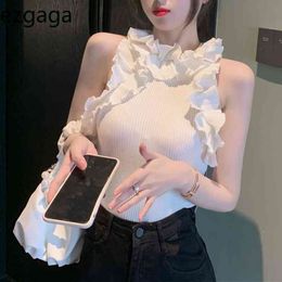 Ezgaga Summer Sexy Sleeveless Knit Crop Tank Tops Women Solid Slim Korean Fashion Clubwear Halter Vest Female Casual Camisole 210430