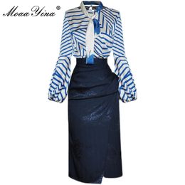 Fashion Designer Summer Office Skirts Suit Women's Long sleeve Stripe Tops and Slim Midi 2 Pieces Set 210524