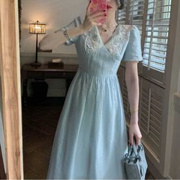 Summer Elegant Dres French Style Lace Embroidery Midi Party Female Casual Vintage Office Lady Korean 210604