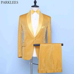 Luxury Gold Silk Mens Suits with Pants Brand Shawl Collar One Button Tuxedo Suit Male Slim Fit Party Wedding Costume Homme 210522