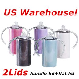 Local Warehouse! TWO LIDS! 12oz Sublimation Glitter Sippy Cups With Flat Lids & Handle Lid Straight Kids Water Bottles Stainless Steel Glasses Double Insulated Mugs A12