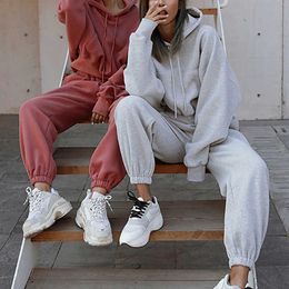 Two Pieces Tracksuit Women Set Female Hooded Suit Solid Sweatshirt Loose Trousers Outfits Set Autumn Fashion Casual Sportswear X0629