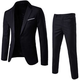 2pcs / set Men Suit Plus Size Men Long Sleeve Solid Color Lapel Slim Button Suit Work Wear Business Suits X0909