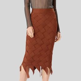 3 Colours Women Fashion Weave Midi Brown Black Bandage Skirt Designer High Street Party Bodycon with Belt 72cm 210527