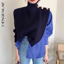 Korean Chic Spring High Collar Side Buttons Fake Two-piece Shirt Stitching Striped Bubble Sleeve Sweater ZT1011 210427