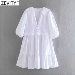 Zevity Women Sweet Hollow Out Embroidery Patchwork White Poplin Mini Dress Female Chic Puff Sleeve Ruffles Summer Vestido DS8136 210603